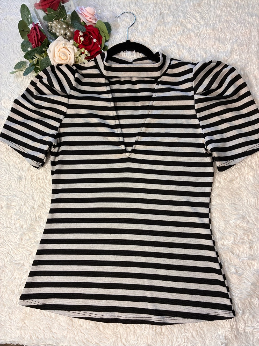 love J Black and White Striped Puff-Sleeve Tee